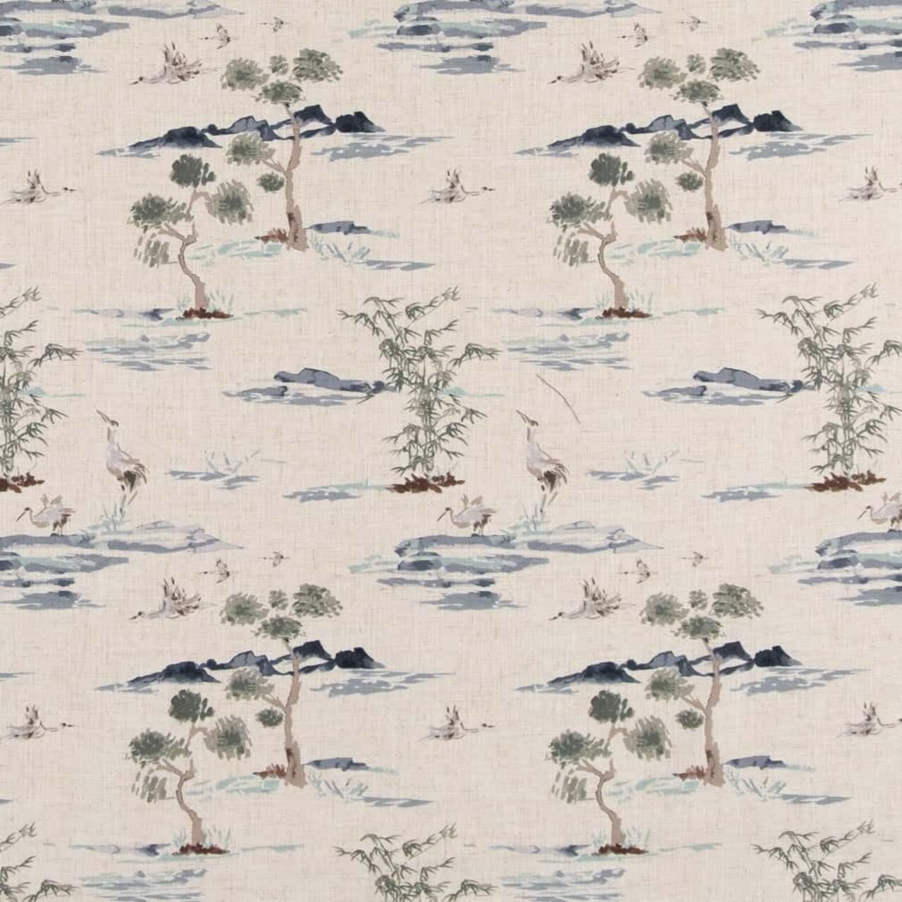 Blue Toile Linen Look Print Upholstery Fabric by The Yard - SKU: Fairbank River